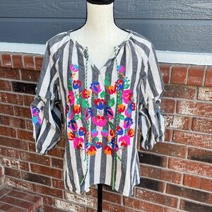 See And Be Seen S Stripe Floral Embroidered Blouse Linen Blend Boho Tassel Top